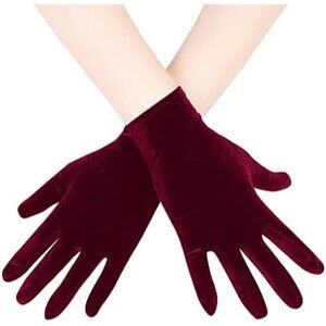 Women's Deep Burgundy Velvet Short Satin Gloves Style Wrist Flapper Banquet